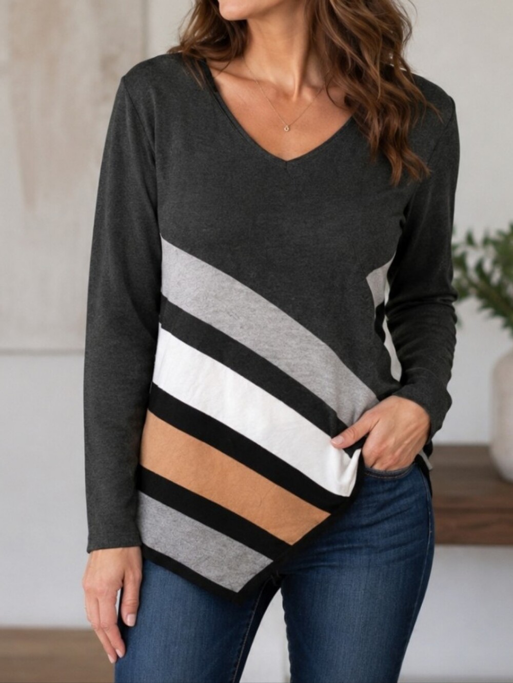 Belldini asymmetrical color block tunic sweater, cotton blend, size M, stretch.